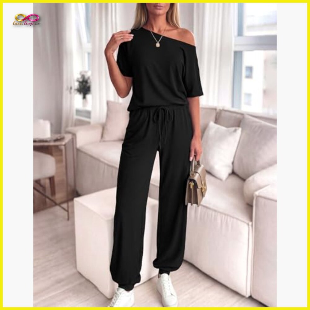 Off Shoulder Tracksuit Set Loose Fit Elastic Waist Drawstring Pants Summer - Picture 2 of 7